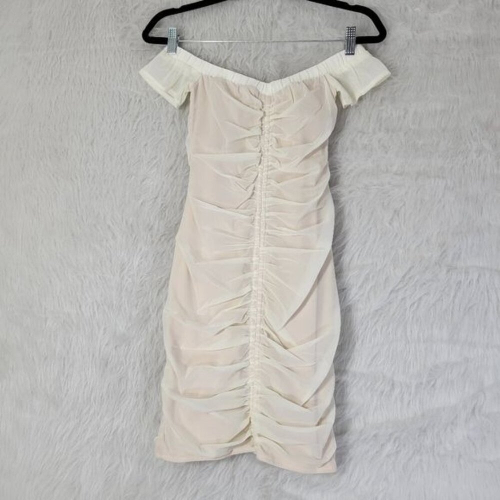 Tiger Mist Cream Off The Shoulder Ruched Mini Dress Small